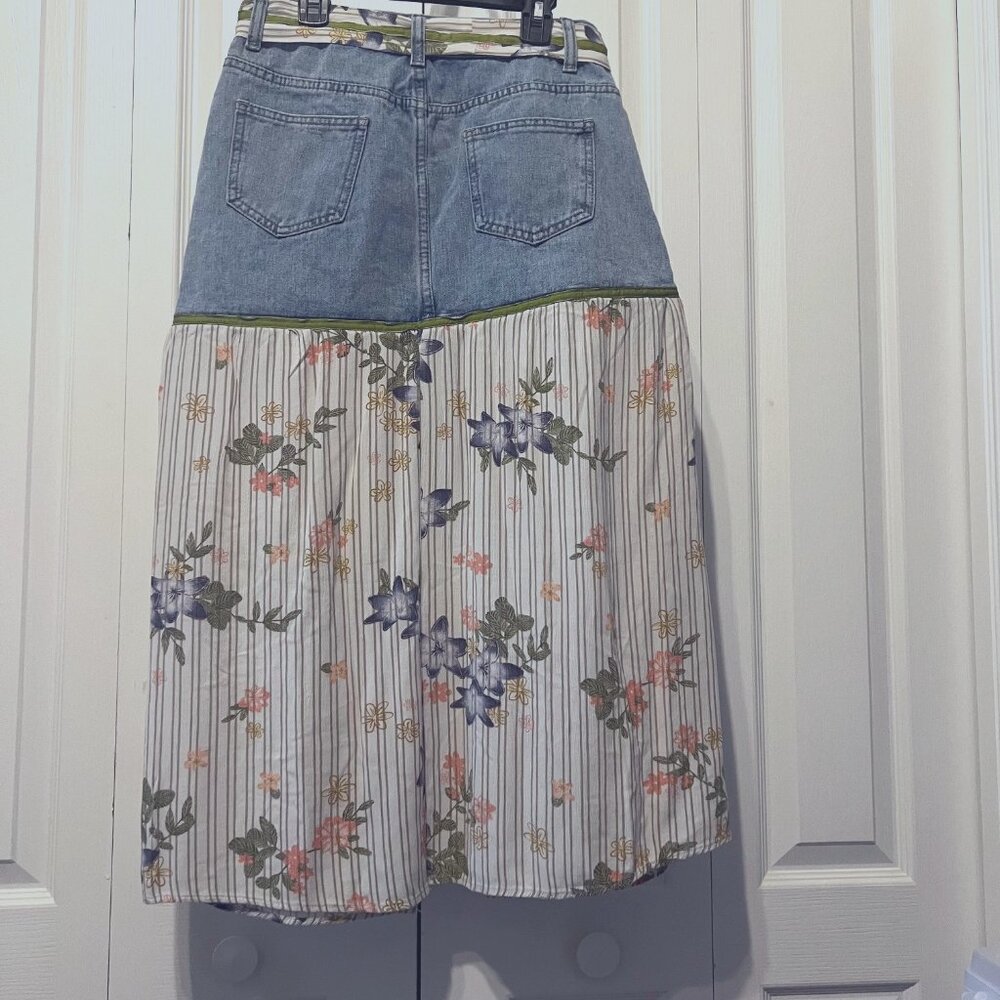 Handmade Upcycled Denim Jean Skirt-Sz. Small-Blue/Green/Floral Long Slit Skirt - Picture 7 of 12
